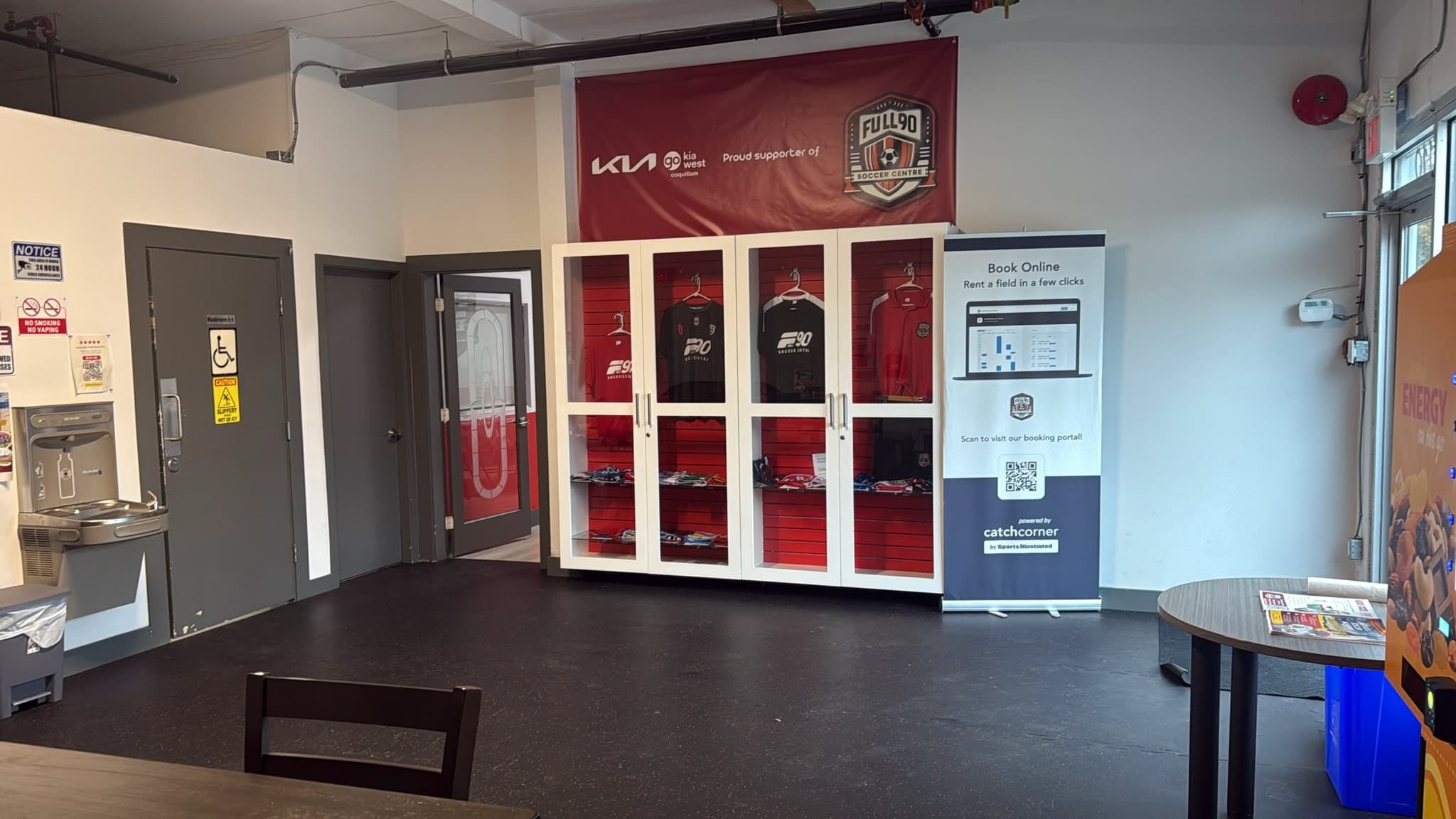 Full 90 lobby with the team merchandise display